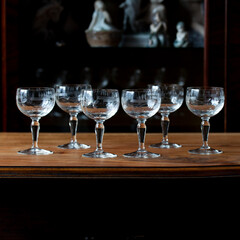 antique transparent glass set of wine glasses in luxury interior. crystal glass with engraving. glass 