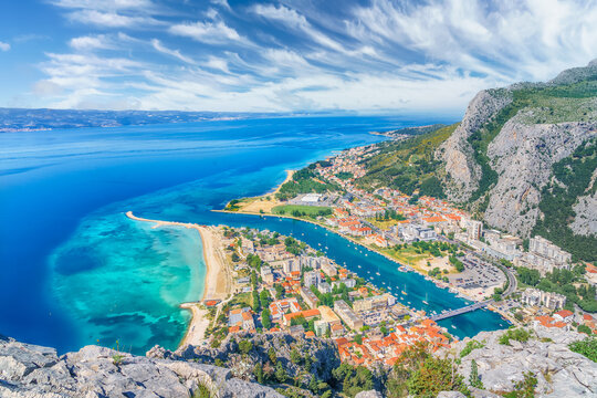 Landscape with Omis town and  Cetina river, aerial view from fortress, Croatia