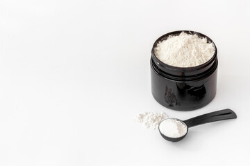 Sport diet nutrition and fitness equipment. Jar with whey protein