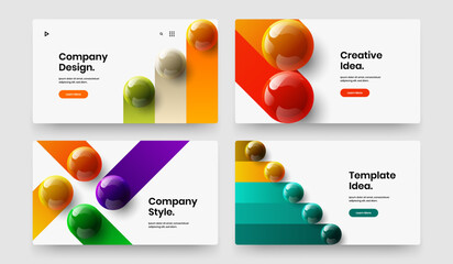 Abstract realistic spheres company cover template collection. Colorful handbill vector design illustration set.