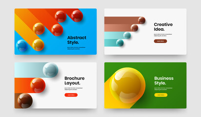 Trendy flyer design vector layout set. Unique 3D spheres book cover illustration bundle.