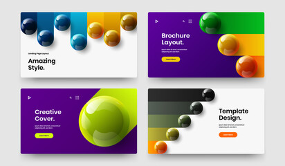 Amazing postcard design vector template set. Trendy 3D spheres magazine cover concept composition.