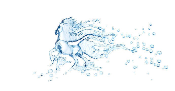 Liquid horse running making splashes, pouring aqua, abstract pure liquid background, isolated, 3d rendering