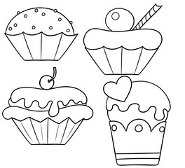Monochrome Collection of beautiful delicious cupcakes in cartoon style, muffins