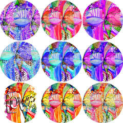 9 round designs of abstract pink backgrounds. Drawing of watercolor pink eyes. Templates for key chains, earrings and pendants..PNG