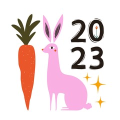 Vector illustration with Chinese New Year 2023 symbol. Pink rabbit, orange carrot and number 2023. Cute hare, vegetable, flower and yellow stars. Trendy celebration print with animal
