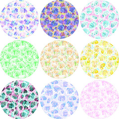 9 round designs of abstract backgrounds. Homogeneous repeating pattern of watercolor meringues. Templates for key chains, earrings and pendants.