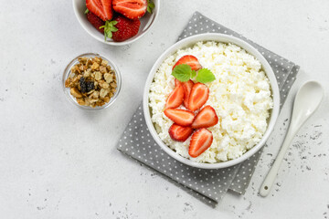 Cottage cheese breakfast bowl. Top view, copy space, flat lay.