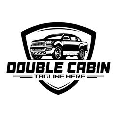 Badge Logo vector double cabin pickup car in black on a white background, used for the logo of an automotive service company. © Ryantha