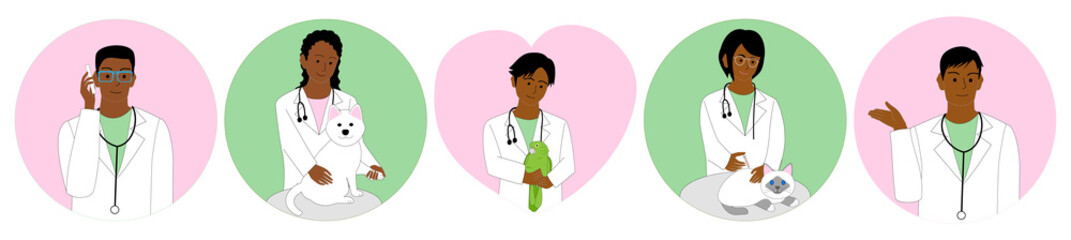 An icon set of five black veterinarians with white background