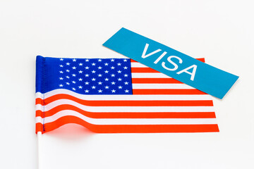 Flag of USA with visa sign. Travel visa and citizenship concept