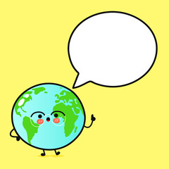 Cute funny planet Earth with speech bubble. Vector hand drawn cartoon kawaii character illustration icon. Isolated on yellow background. Planet Earth character concept