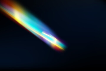 Rainbow highlights on a black background.Glare or reflection from water and glass.Glittering particles for social media backgrounds, product presentations, photo shots.