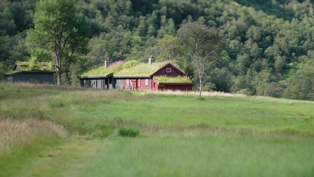 A traditional sod-roof houses stand at the mountain foothills. Slow motion, pan right.