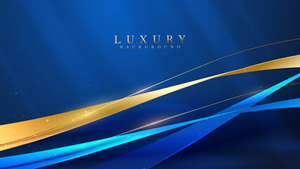 Blue luxury background with gold ribbon decoration and glitter light effect elements.