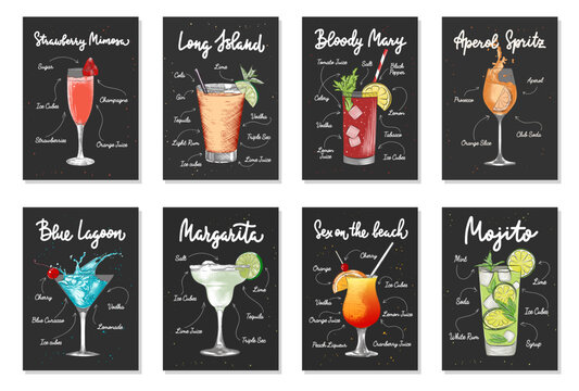 Set of 8 advertising recipe lists with alcoholic drinks, cocktails and beverages lettering posters, wall decoration, prints, menu design. Hand drawn vector engraved sketches. Handwritten calligraphy.