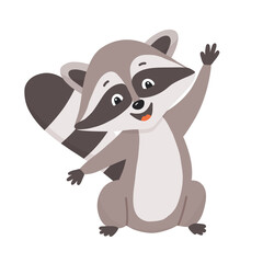 Funny cute cartoon raccoon waving hand. Vector illustration of small raccoon character isolated on white - obrazy, fototapety, plakaty