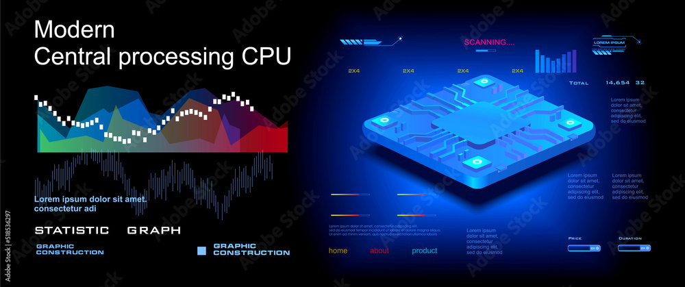 Poster realistic computer cpu chip. powerful central processor in axonometric projection. new generation pr