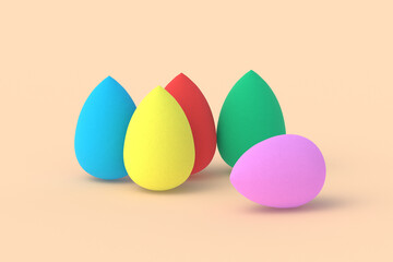Egg sponges on beige background. Cosmetic accessories. Beauty and fashion. Makeup tools. 3d render