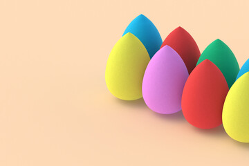 Egg sponges on beige background. Cosmetic accessories. Beauty and fashion. Makeup tools. Copy space. 3d render