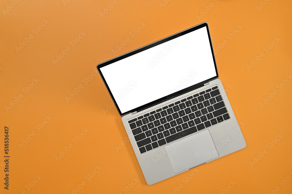 Poster top view with empty white screen pf modern laptop computer on yellow background, copy space and work