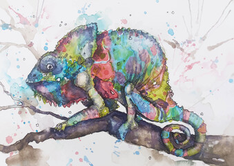 Vector file of watercolor illustration of a chameleon on a tree © khalaziy