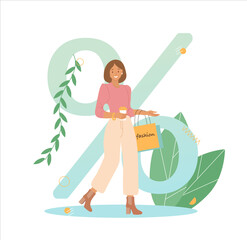 Illustration of a fashionable girl with packages from the store. Flat illustrations for summer, spring sale.