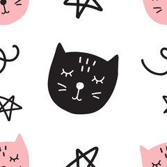 Seamless pattern with hand drawn cats and fish bones