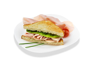 sandwich tostado de pavo y vegetales en plato sobre fondo blanco