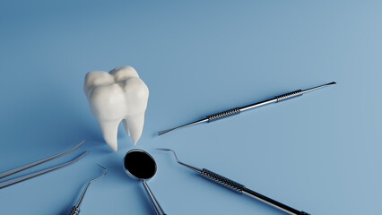 Teeth and dental equipment concept image, 3d rendering