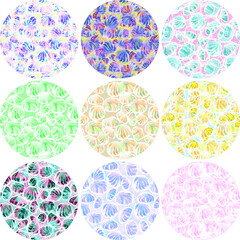 Fototapeta premium 9 round designs of abstract backgrounds. Homogeneous repeating pattern of watercolor meringues. Templates for key chains, earrings and pendants.