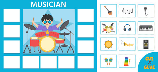 Educational game for kids.  Learning cards. Professions. Musician. Musical instruments. Preschool worksheet activity. Vector illustration