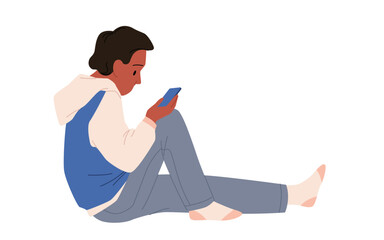 Young boy using smartphone. Internet social media addiction, modern innovative gadget, online networking, digital communication, friends network vector illustration
