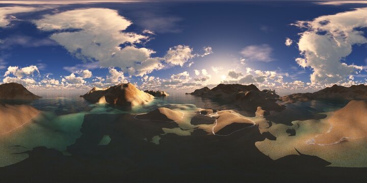 archipelago, sea bay, HDRI, environment map , Round panorama, spherical panorama, equidistant projection, 360 high resolution panorama, 3d rendering