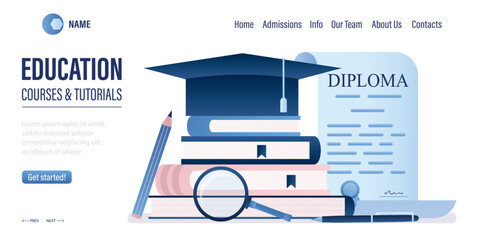 Online education or business training, web page template. Distance education landing page. Courses and tutorials. Pile of textbooks, graduate hat and diploma. Office supplies.