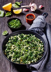 Spanakorizo, Greek spinach and rice pilaf in pan