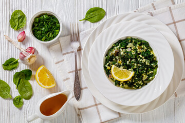 Spanakorizo, Greek spinach and rice pilaf in bowl