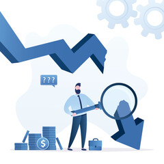 Confident financial analyst research reasons for fall of financial market. Economic crisis, collapse in stock market, panic selling. Stock buying strategy, planning, research