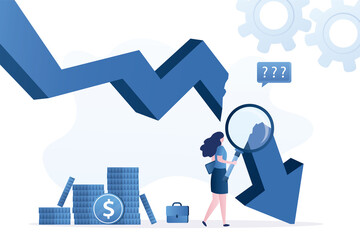 Confident woman trader analyzes reasons for fall of financial market. Economic crisis, collapse in stock market, panic selling. Stock buying strategy, planning, research.