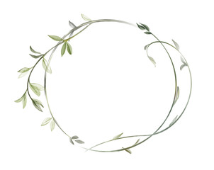Watercolor floral round wreath. Pastel color abstract circle frame with branches and eucalyptus leaves. Place for text. Logo and card template in modern boho style - 518539402