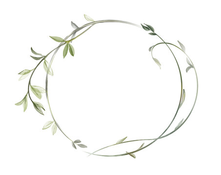 Watercolor floral round wreath. Pastel color abstract circle frame with branches and eucalyptus leaves. Place for text. Logo and card template in modern boho style