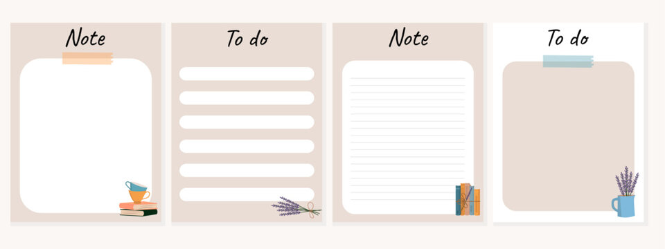 Set of planners and to do list with books, plants illustrations. Template for agenda, schedule, planners, checklists, notebooks, cards and other stationery