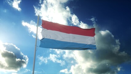Flag of Luxembourg waving at wind against beautiful blue sky. 3d illustration
