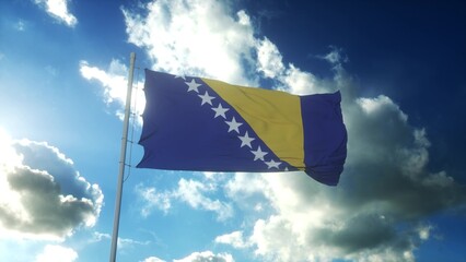 Flag of Bosnia and Herzegovina waving at wind against beautiful blue sky. 3d illustration
