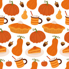 Autumn seamless pattern with pies, cocoa, pumpkins,  leaves, nuts and acorns. Bright repeating texture. Wrapping paper. Autumn harvest.