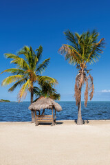 Paradise beach with white sand, coco palms and umbrella. Summer vacation and tropical beach concept.	