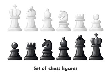 Chess figures for chess strategy board game. Black and white set chess figures
