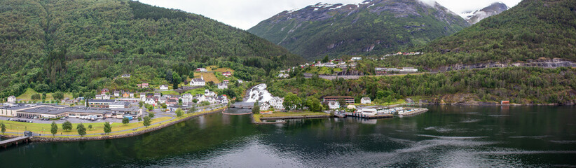 Fototapeta na wymiar Hellesylt panorama view Møre og Romsdal at Sunnylvsfjorden near Geirangerfjorden in Norway (Norwegen, Norge or Noreg)