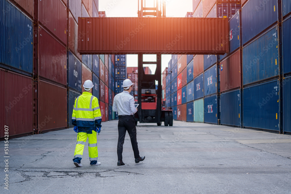 Poster Industrial engineer and inspector or safety supervisor working in container terminal,Container in export and import business and logistics.