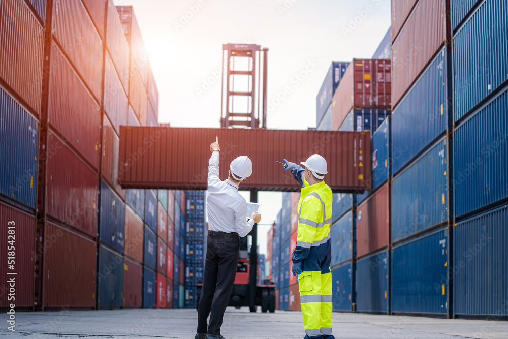 Poster Inspector checking container yard Organising stock to pack into containers,Logistic shipping yard business,Unload and loading variety of products to and from container